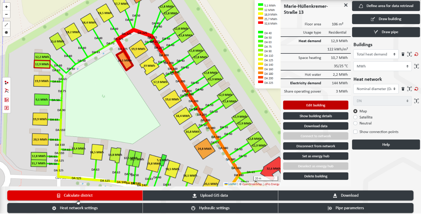 Calculated district with automatic pipe sizing