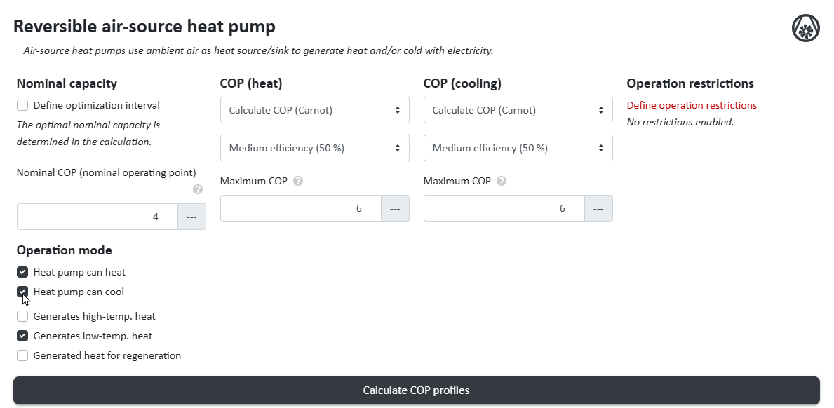 Technology selection: Air-source heat pump with and without cooling function