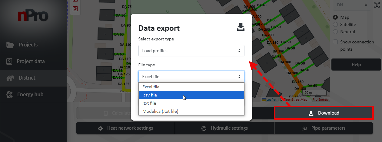 Data export: Building/route list, load profile, GeoJSON