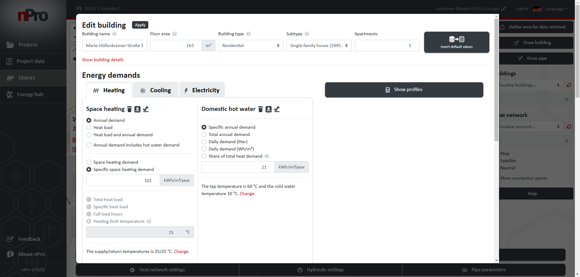 Building data such as address details and energy demands can be viewed/modified